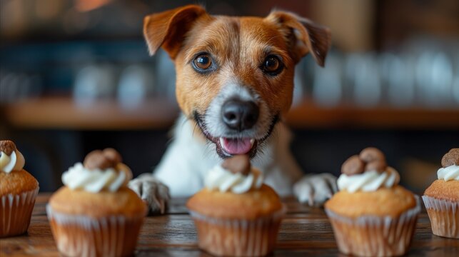Adorable dog surrounded by cupcakes on table, perfect for pet bakery