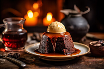 Satisfy your sweet cravings with sticky toffee pudding elegantly served on a rustic wooden table....