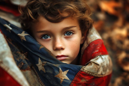 Poverty in the USA showing a homeless underprivileged teenage male in America with a distressed flag in the background outlining how his country has abandoned him, stock illustration image