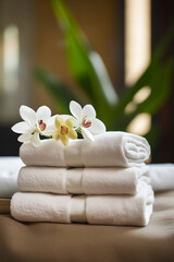 Fototapeta na wymiar Biale ręczniki z kwiatami w salonie SPA