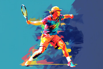 Abstract watercolour painting of an athlete male tennis player at a match sport tournament event, exemplifying athleticism and competitive spirit, stock illustration image - obrazy, fototapety, plakaty