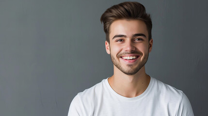 portrait of a smiling, handsome man in white T-shirt, isolated on grey background - obrazy, fototapety, plakaty