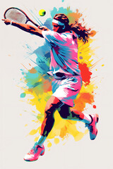Obraz premium Abstract watercolour painting of an athlete male tennis player at a match sport tournament event, exemplifying athleticism and competitive spirit, stock illustration image