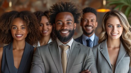 Diverse professional team smiling in business attire for corporate portrait - obrazy, fototapety, plakaty