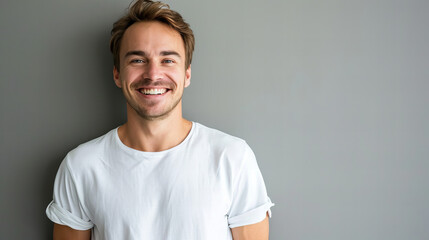 Obraz premium portrait of a smiling, handsome man in white T-shirt, isolated on grey background