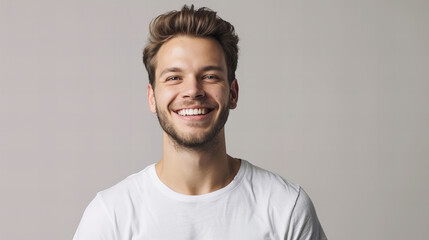 portrait of a smiling, handsome man in white T-shirt, isolated on grey background