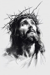 Black and white sketch drawing of the passion of Jesus Christ at the crucifixion and before ascending to Heaven to be with God celebrated as Easter Good Friday, stock illustration image 