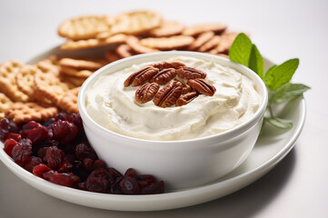 Сream cheese dip in white ceramic bowl with crackers, pecans and dried cranberry on a plate. Horizontal, side view.