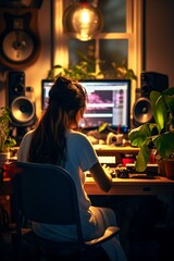 Fototapeta na wymiar woman in white shirt works at computer in home studio