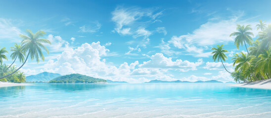 Panoramic view of a tranquil beach oasis, featuring reflective calm waters, pristine sands, and gently swaying palm trees under a vast blue sky with fluffy clouds.