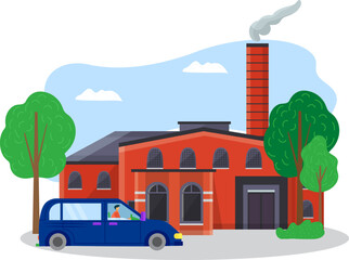 Blue car in front of factory with chimney, driver wearing green shirt. Industrial building with trees. Urban landscape and transportation vector illustration.