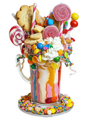 An extravagant milkshake topped with assorted candies and sweets, transparent background