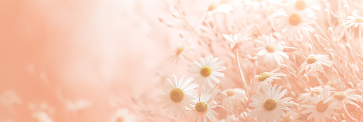 White flowers on a soft pink background with copy space. Women's Day, Valentine's Day and romantic anniversaries. Banner - obrazy, fototapety, plakaty