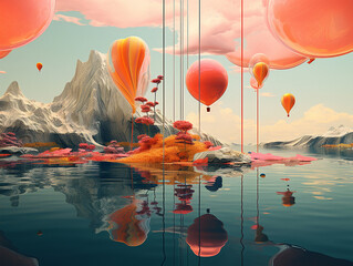 A dreamlike scene with objects suspended in the air, displaying a surreal and vibrant atmosphere. - obrazy, fototapety, plakaty
