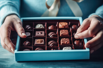 Engage in the moment as a womans hand delicately opens a box of chocolates on a light blue table. This flat lay photography captures the anticipation of sweet delights.