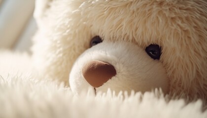 Close-up of a large plush teddy bear a cherished children's toy in pristine white the intricate stitching and cuddly texture showcased in exquisite detail with a high-definition camera