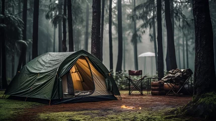 Fotobehang Portrait of a camping tent in dense forest at rainy day evening © amila