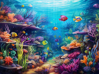 Vibrant underwater world featuring surreal marine life, showcasing a multitude of colors and mesmerizing beauty.