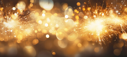 Abstract background with golden fireworks, sparkles, shiny bokeh glitter lights