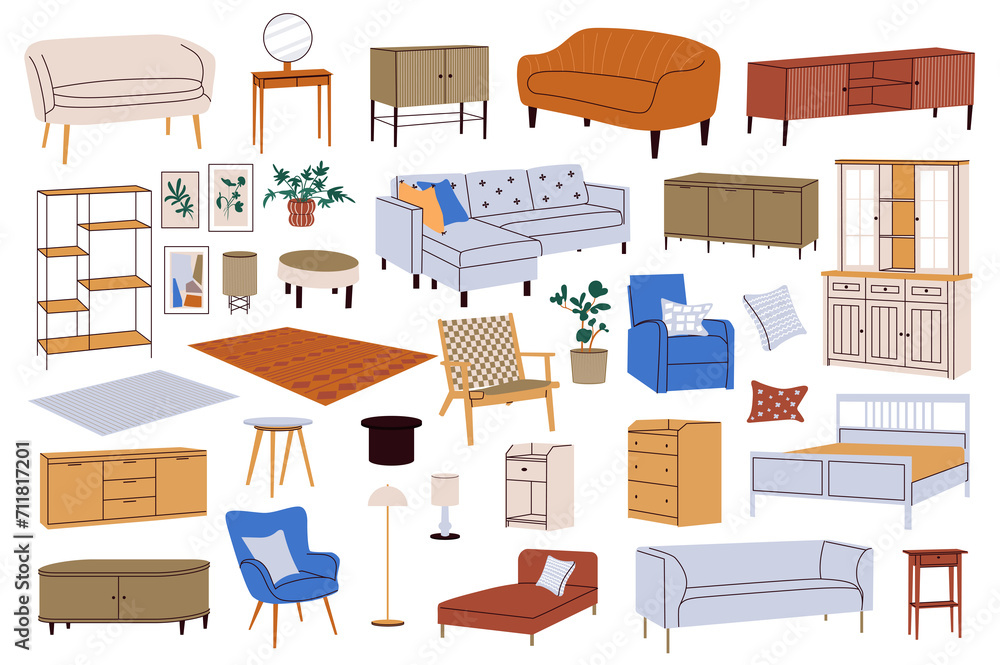 Poster interior furniture mega set in flat design. bundle elements of different types of sofas, tables, boo