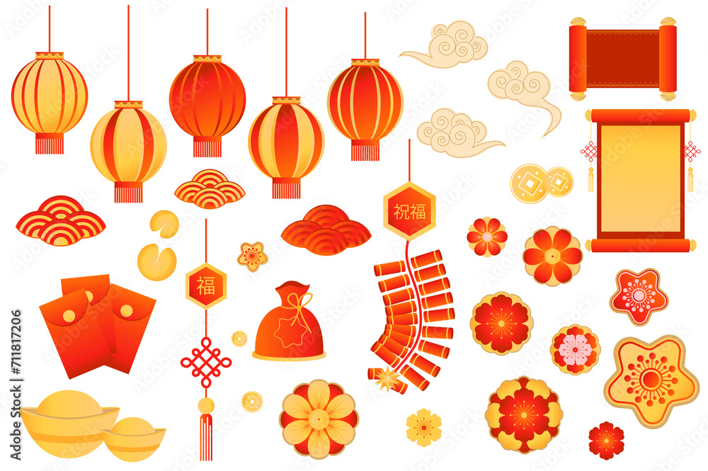 Poster chinese symbols mega set in flat design. bundle elements of red and gold lanterns, clouds and waves,