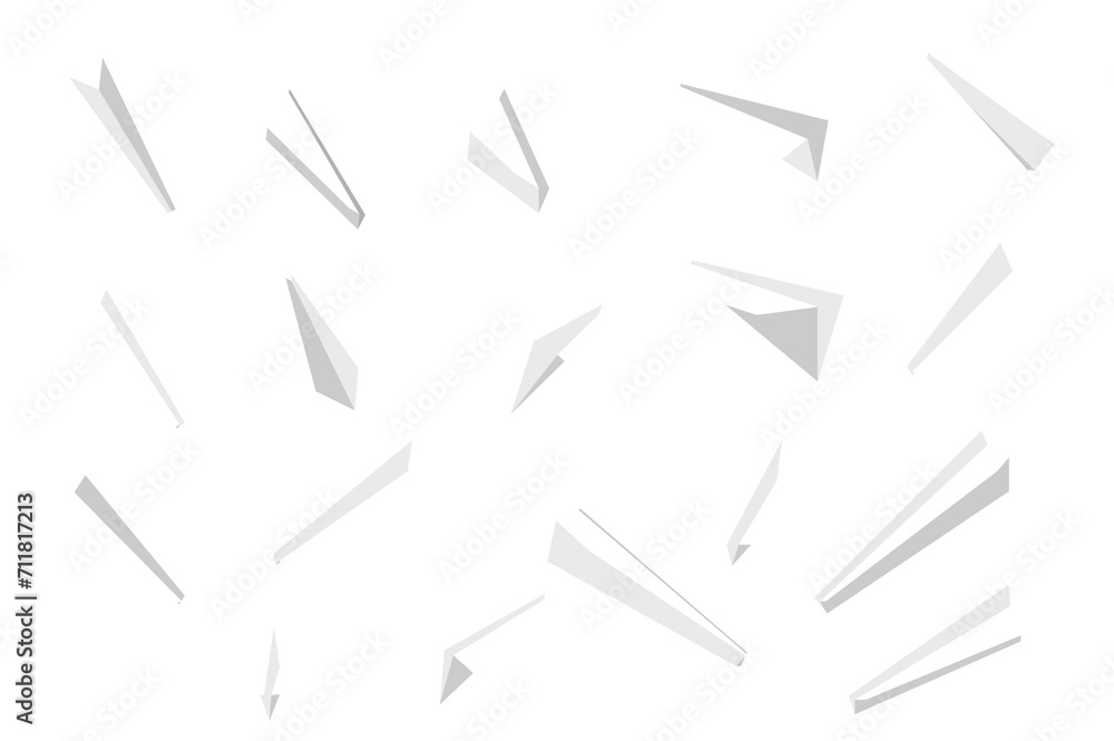 Poster Realistic paper planes mega set in flat design. Bundle elements of different views of white handmade origami aircrafts for business idea or message sings. Illustration isolated graphic objects