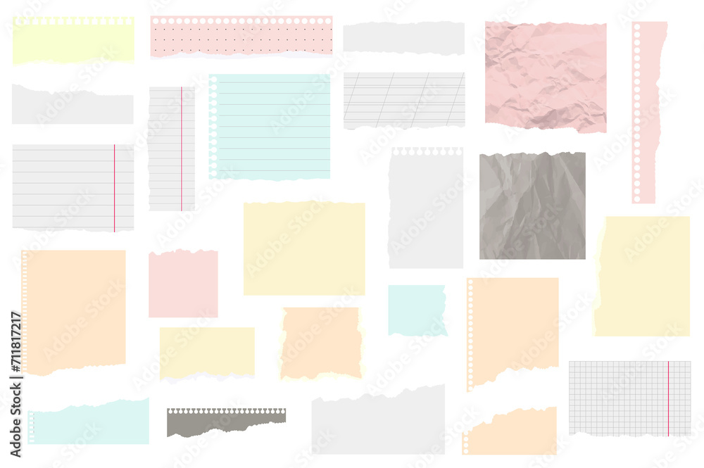 Aufkleber Ripped papers mega set in flat design. Bundle elements of colorful torn paper sheets, sticky notes shreds, notebook edges, empty and lined stripes. Illustration isolated graphic objects
