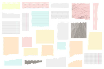 Fototapeta na wymiar Ripped papers mega set in flat design. Bundle elements of colorful torn paper sheets, sticky notes shreds, notebook edges, empty and lined stripes. Illustration isolated graphic objects