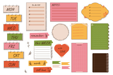 Planning stickers mega set in flat design. Bundle elements of organizer weekly tags, to do lists, notes templates, memo boards, paper pieces and reminders. Illustration isolated graphic objects
