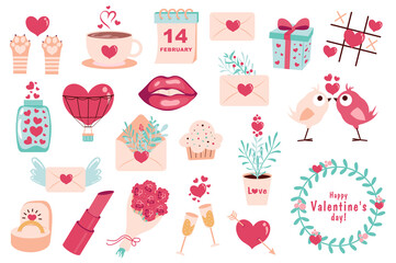 Valentine Day mega set in flat design. Bundle elements of hearts, cat paws, calendar date, love letter, kiss lips, hot air balloon, flowers, ring, other. Illustration isolated graphic objects