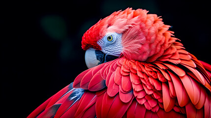 Fototapeta premium beautiful Scarlet macaw bird on dark background, close-up. 