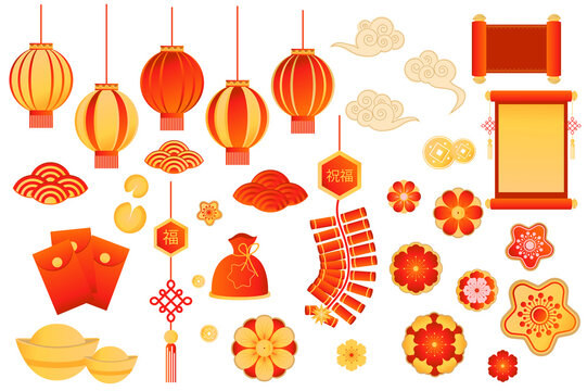 Chinese symbols mega set in flat design. Bundle elements of red and gold lanterns, clouds and waves, coins, manuscripts, cookies, envelopes and flowers. Illustration isolated graphic objects