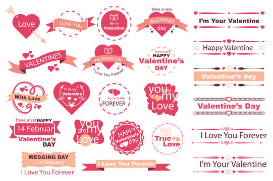 Fototapeta Valentine Day banners mega set in flat design. Bundle elements of romantic inscriptions and quotes on ribbons, labels, border frames, dividers decoration. Illustration isolated graphic objects