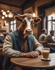 an anthropomorphic bull rests in a cafe with a cup of coffee
