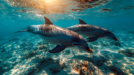 Dolphins swimming over coral reef and blue water. 3d rendering. 