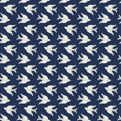 Fototapeta premium Hand drawn doodle decorative birds seamless texture, stylized folk birds silhouette seamless pattern