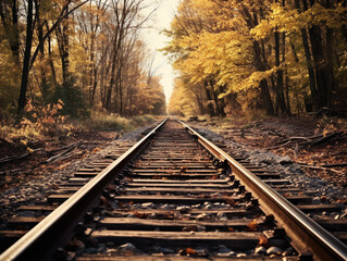 A serene autumn scene of abandoned railroad tracks depicted in a vintage 52-style, raw image.