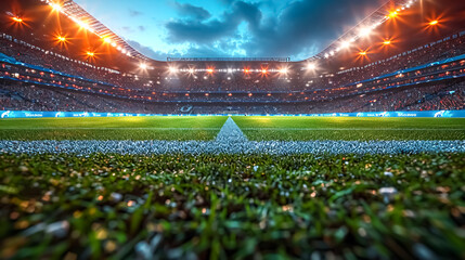 Football stadium at night with fans and cheering crowd. 3D rendering