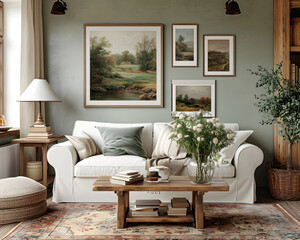 Living room gallery wall with framed art in English country cottage interior