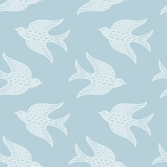 Hand drawn doodle decorative birds seamless texture, stylized folk birds silhouette seamless pattern