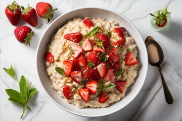 Healthy oatmeal porridge with strawberry and banana for diet breakfast on white table - obrazy, fototapety, plakaty