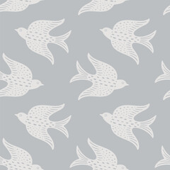 Hand drawn doodle decorative birds seamless texture, stylized folk birds silhouette seamless pattern