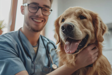 Veterinarian and dog in veterinary clinic. Concept of health care.