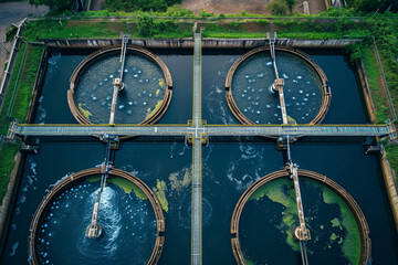 Aerial view to sewage treatment plant. Grey water recycling. Waste management.