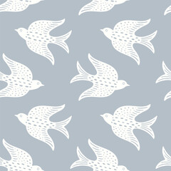 Hand drawn doodle decorative birds seamless texture, stylized folk birds silhouette seamless pattern
