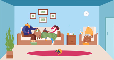 Family sick at home with flu, adults and child wrapped in blankets, medicine on nightstand. Sick family resting, seasonal flu concept, healthcare vector illustration.