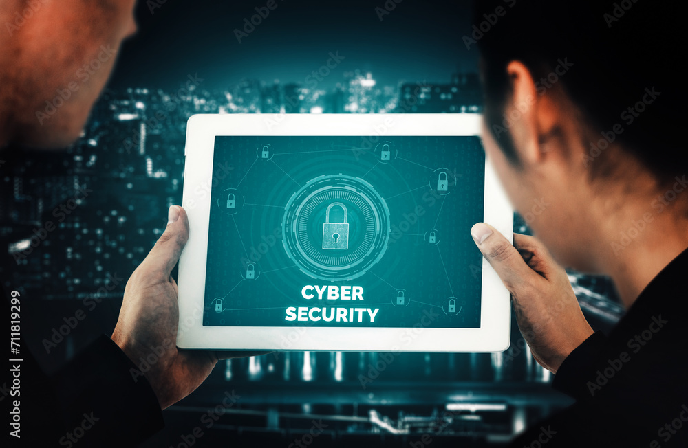 Aufkleber cyber security and digital data protection concept. icon interface showing secure firewall technolog