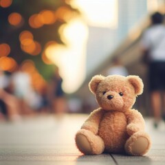 A small bear sitting on the street, against a blurred background of a city street.