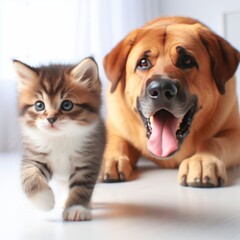A small, cute kitten against the background of a dog.