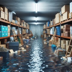 The basement for storing various things is flooded with water. - obrazy, fototapety, plakaty